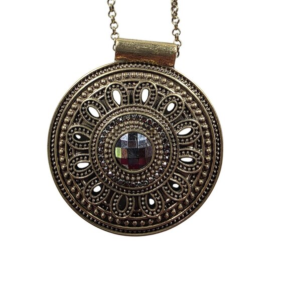 Gold-Tone Pendant Necklace Lucky Brand Chain Lobster Clasp Mandala retro - Picture 2 of 5